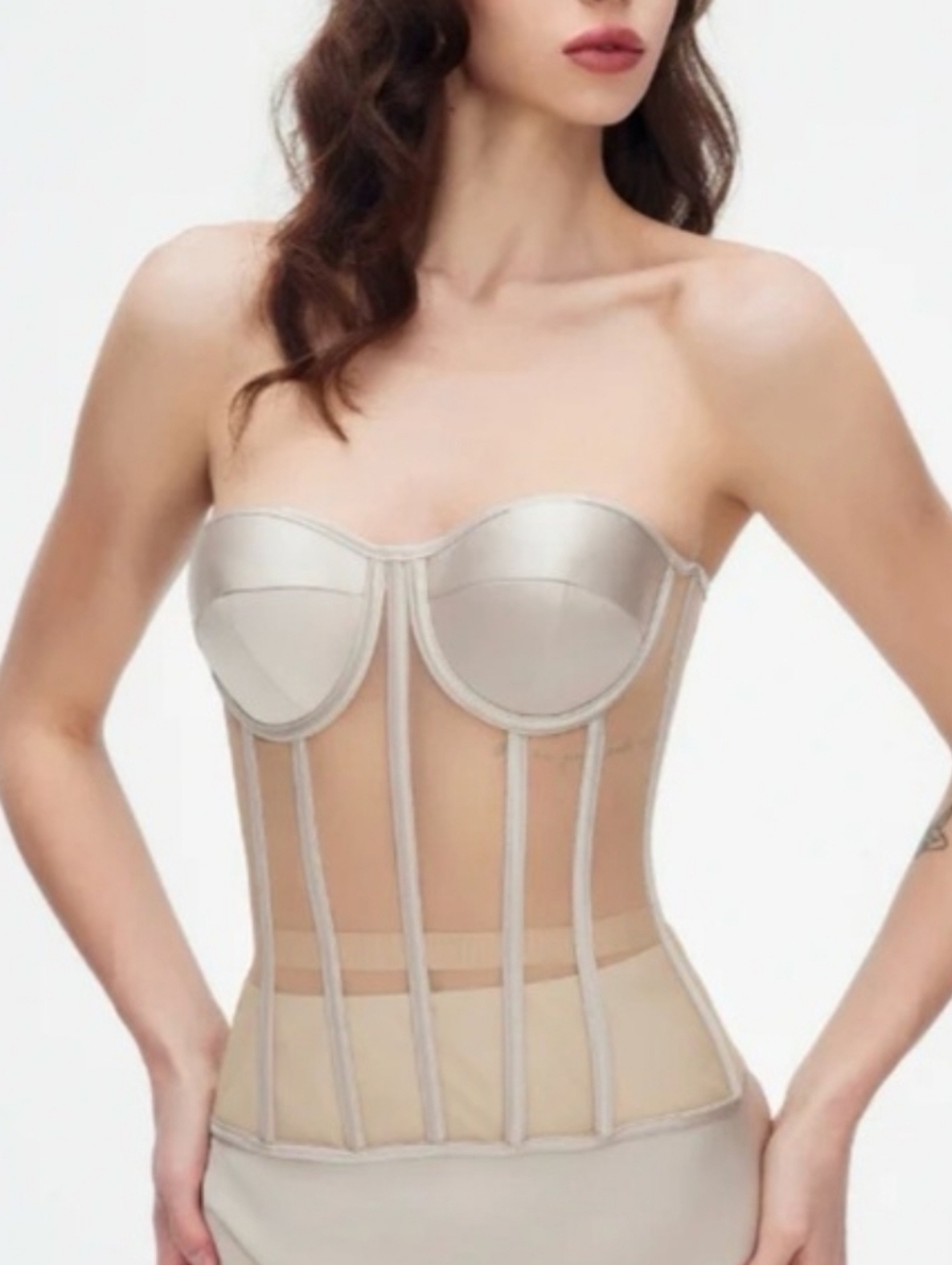 Perfect Corset NY Satin Strapless Lace Up Longline Bustier in Beige Size M NWT